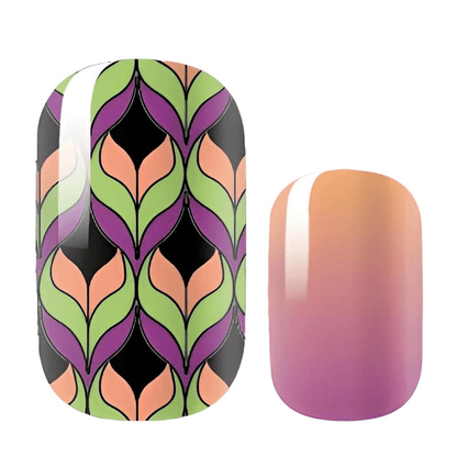 Retro 70s leaf print nail wraps in green, purple, black with peach ombre accent nail