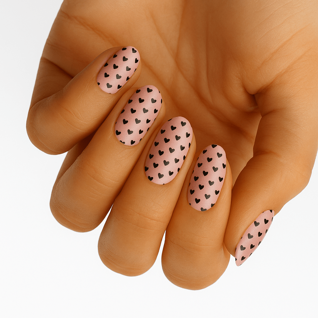 Hand displaying pink nail wraps with small black heart pattern for romantic manicure