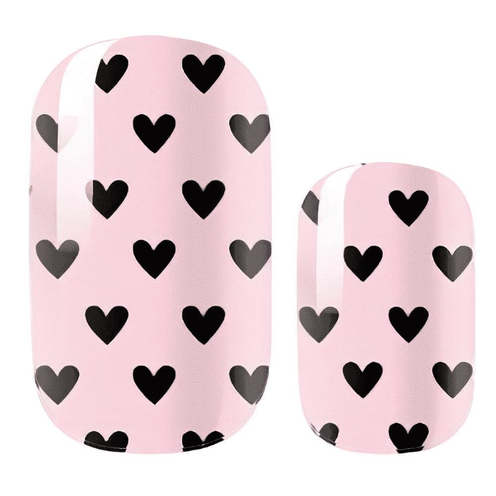 Pink nail wrap design sheet featuring black and grey heart pattern for DIY manicure