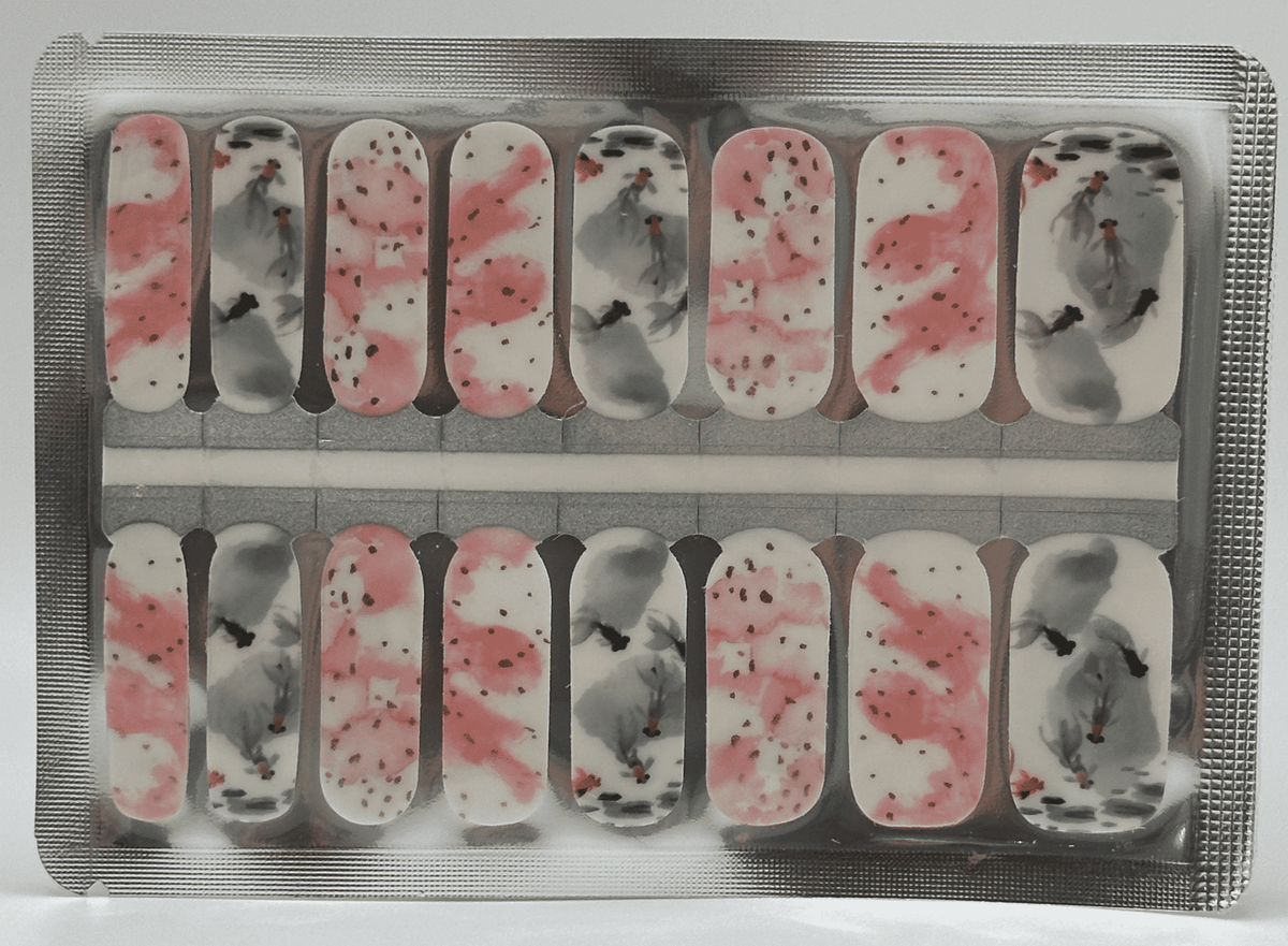 Complete set of koi fish nail wraps in pink and grey watercolour patterns