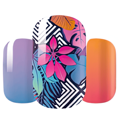 Tropical nail art wraps with pink hibiscus flowers, geometric patterns and ombre colours for at-home manicures