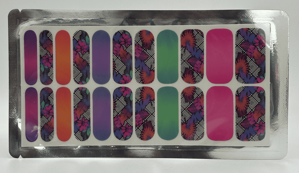 Colourful nail wraps featuring tropical floral patterns, geometric designs and solid colours in vibrant orange purple green