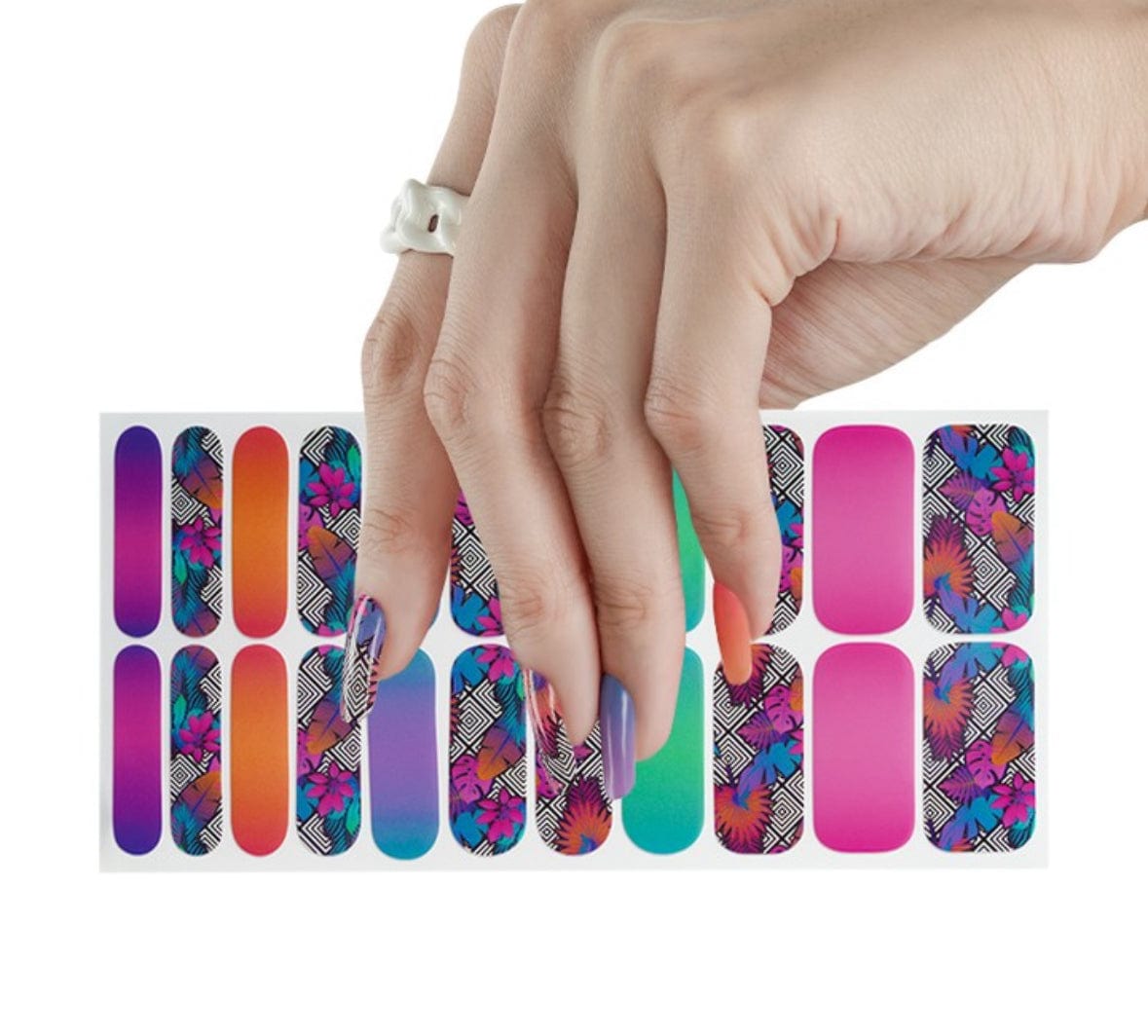 Vibrant multicoloured nail wrap sheet with geometric floral patterns in purple orange green pink