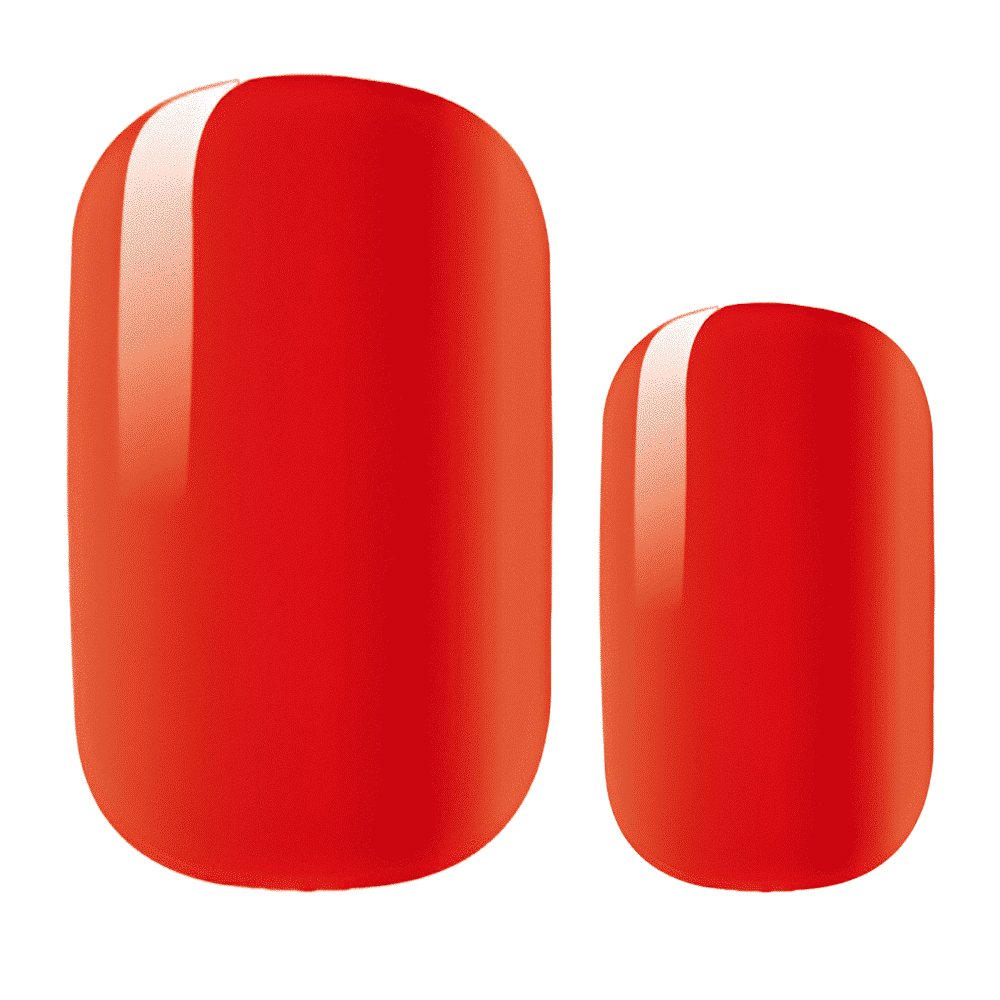 Glossy tomato-red nail wraps in a solid, high-shine finish.