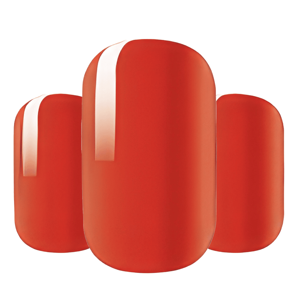 Red matte nail wraps with a glossy cream vertical side stripe accent.