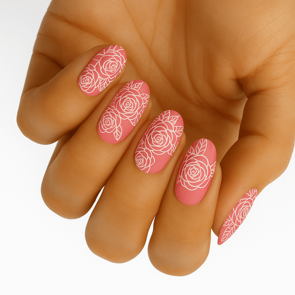 Pink nail wraps with white rose lace pattern applied on hand showing romantic floral design