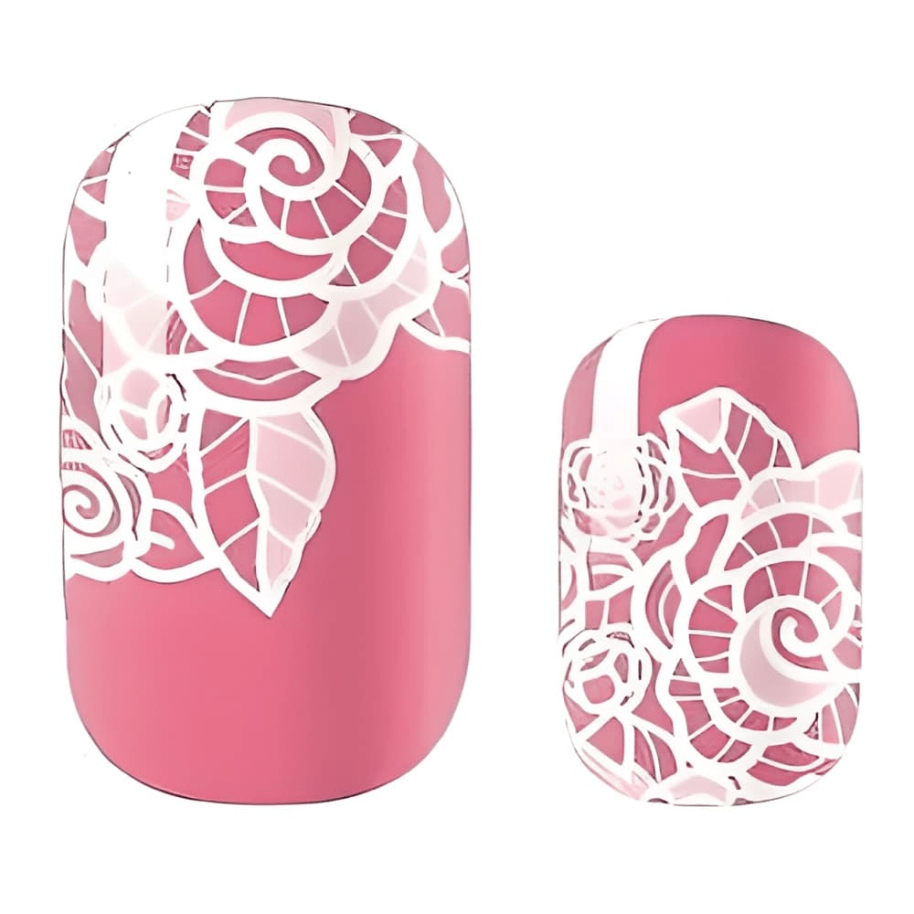 Pink nail art wraps with romantic white rose lace pattern for DIY manicure