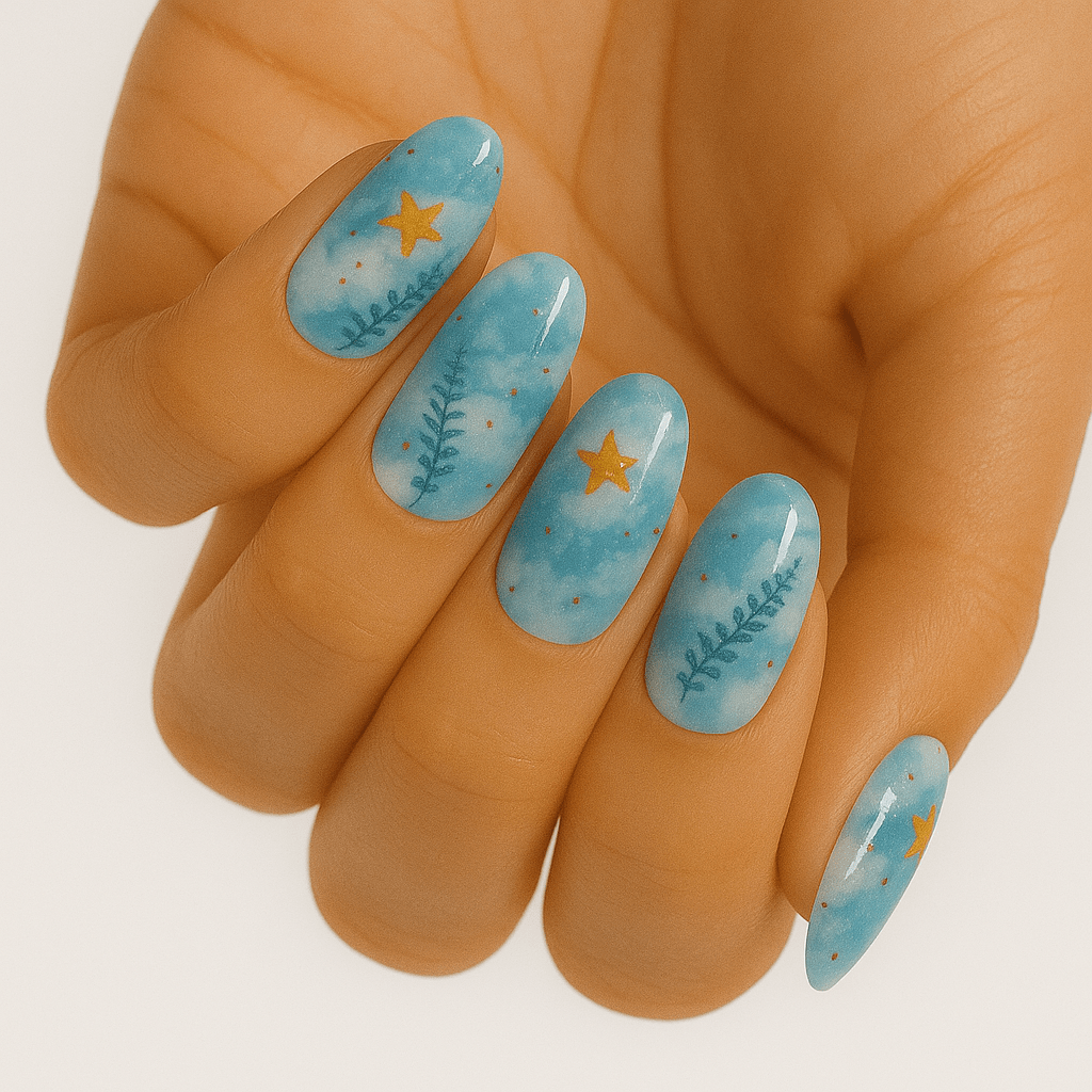 Blue botanical nail wraps with floral pattern on hand showing spring manicure design