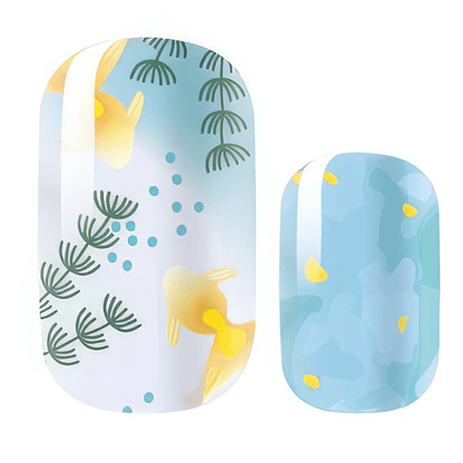 Blue watercolour nail wraps with botanical leaf pattern and yellow accents close-up