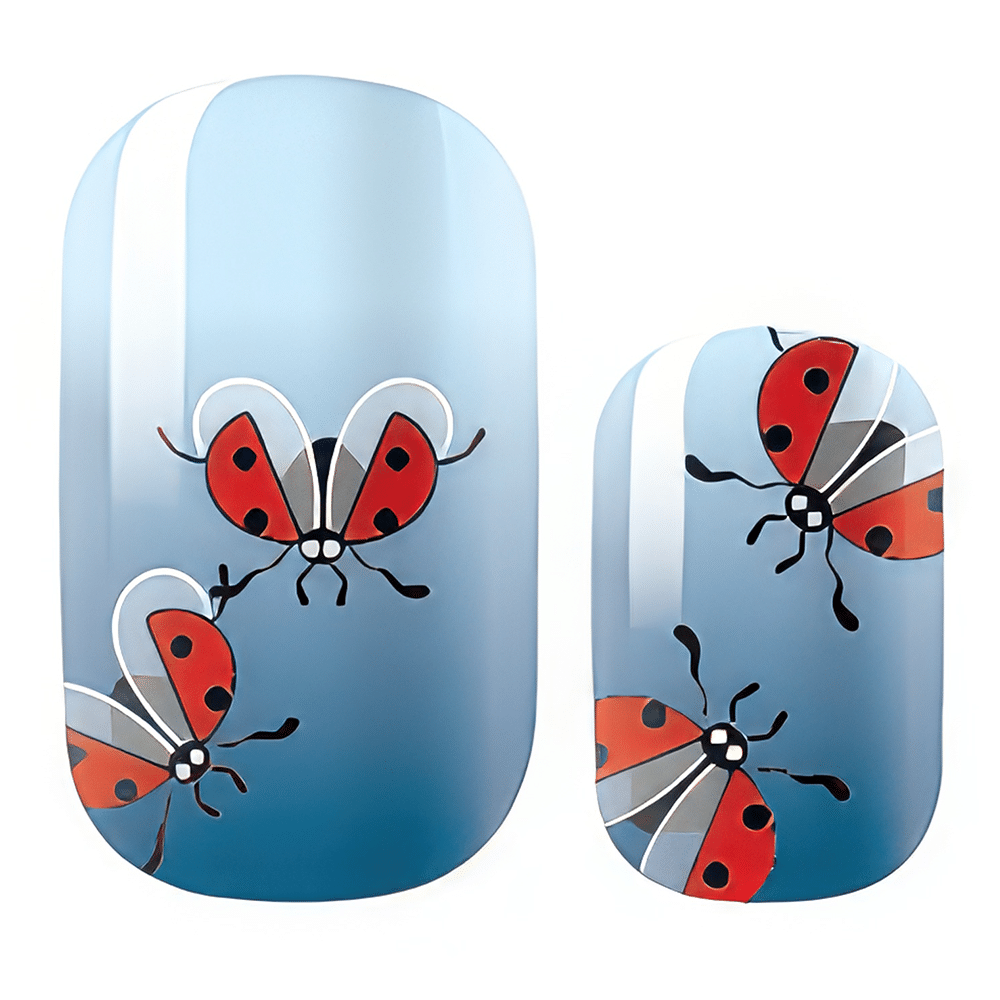 Blue gradient nail wraps featuring illustrated red ladybirds with black spots pattern