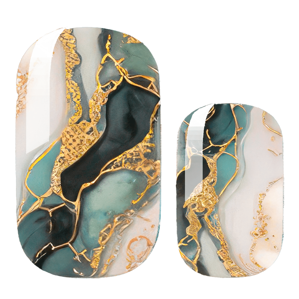 Close up green marble nail wraps with gold veining showing luxe stone pattern detail