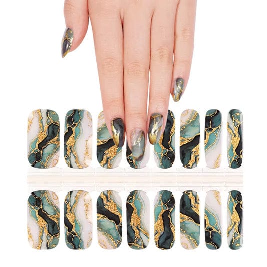 Marble effect nail wraps sheet with green gold veined pattern for sophisticated at-home nails