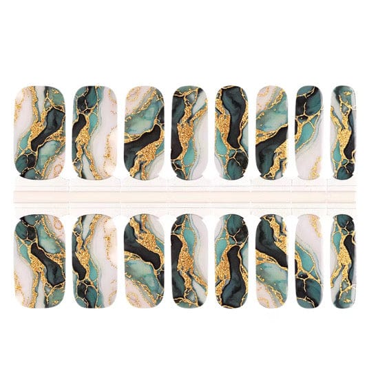Lagoon marble nail wraps sheet with green gold veined stone pattern for at-home manicure