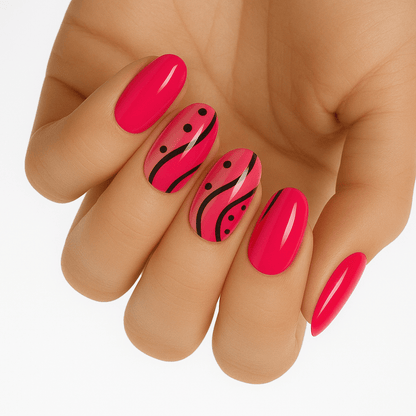 Hot pink glossy nails on hand with black swirl pattern nail art