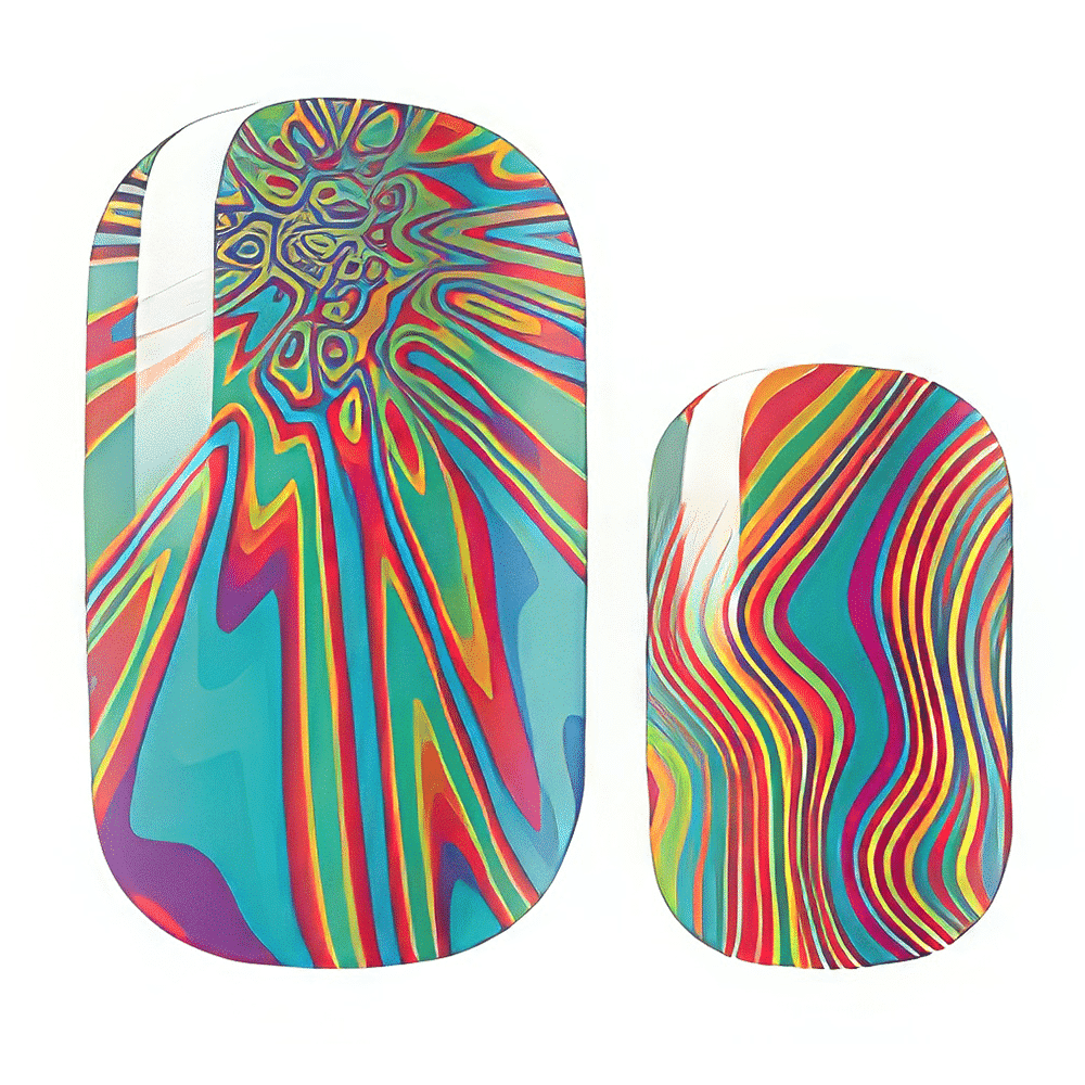 Psychedelic nail wraps with vibrant multicoloured swirl patterns resembling retro lava lamp designs