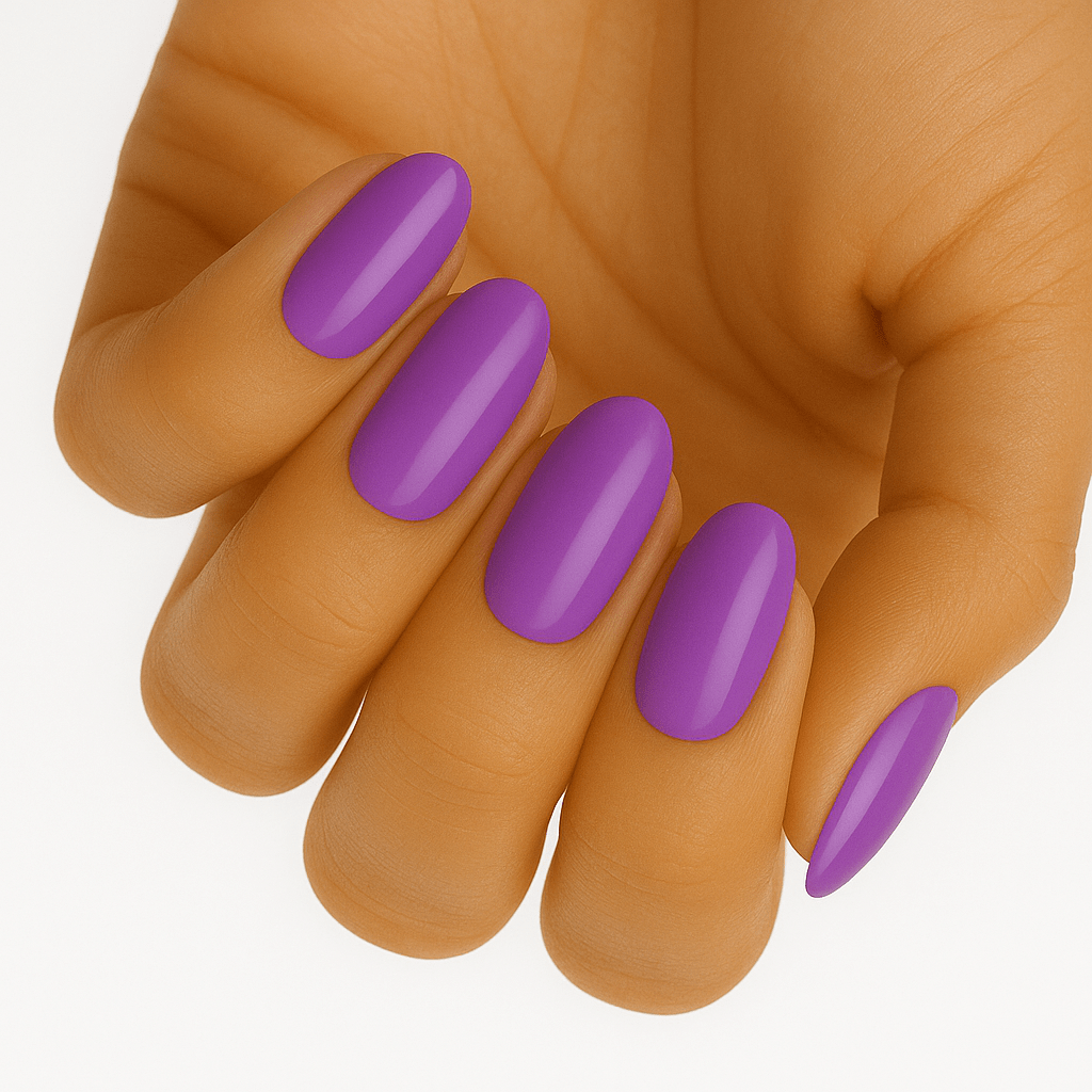 Purple lavender glossy nail wraps on hand showing elegant manicure finish