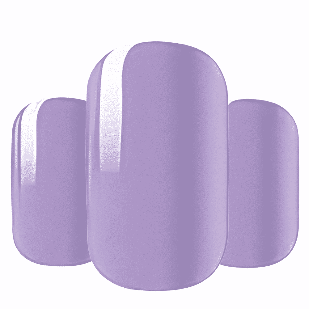 Three glossy lavender purple nail wraps showing smooth finish for at-home manicure