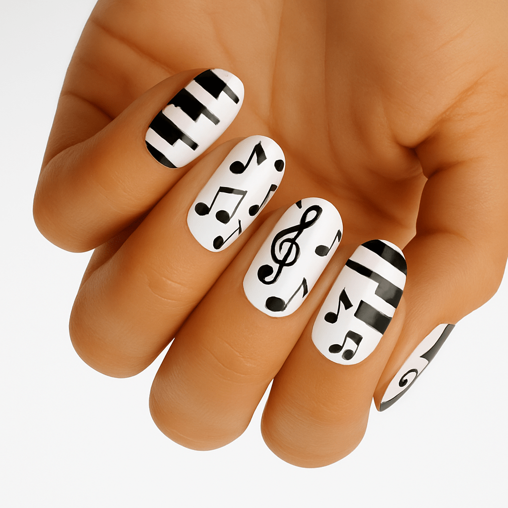 Black and white musical note nail wraps with piano key design on hand
