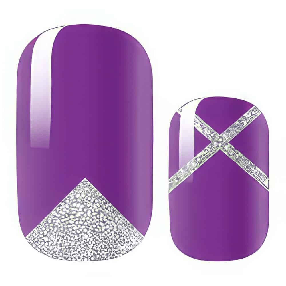 Purple nail wraps with silver crackle-texture triangle and criss-cross accent details