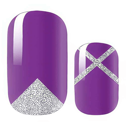 Purple nail wraps with silver crackle-texture triangle and criss-cross accent details