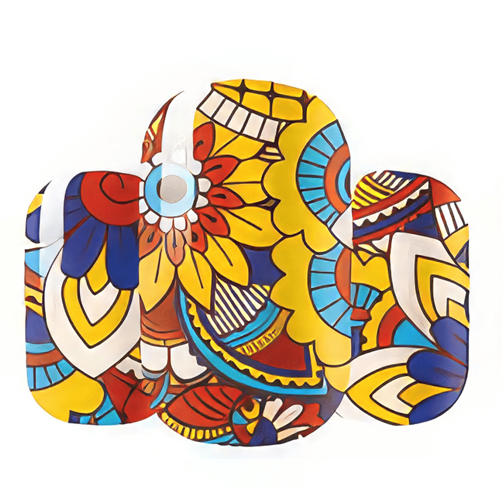 Wide fit nail wraps with bold yellow, blue, red and white folk floral pattern