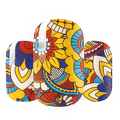 Wide fit nail wraps with bold yellow, blue, red and white folk floral pattern