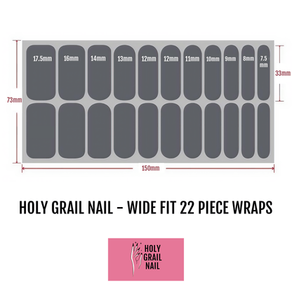 Wide fit nail wraps sizing guide showing 22 piece sheet dimensions for at-home manicure application