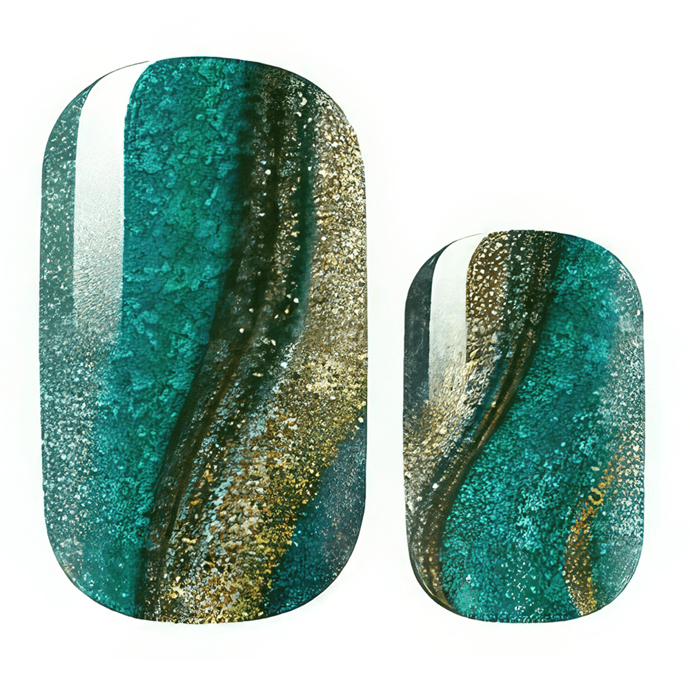 Teal and gold glitter nail wraps with metallic gradient reptile pattern design