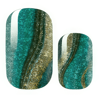 Teal and gold glitter nail wraps with metallic gradient reptile pattern design