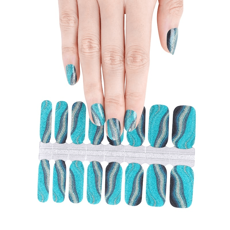 Non-UV nail wraps sheet with turquoise black metallic reptile pattern design