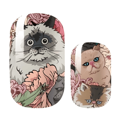 Illustrated cat nail wraps featuring cute kittens with pink floral botanical design patterns