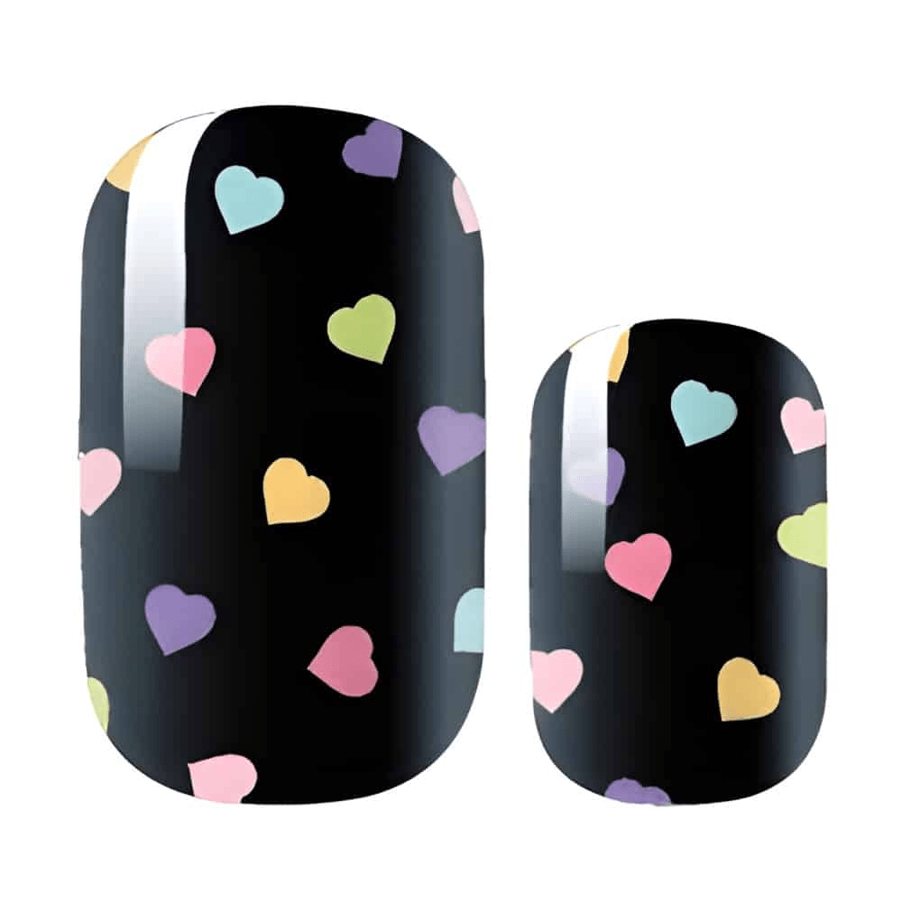 Black nail wraps with colourful heart pattern featuring pastel pink, purple, yellow and blue hearts