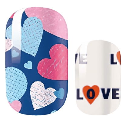 Non-UV nail wraps featuring blue hearts and love text patterns for romantic nail art