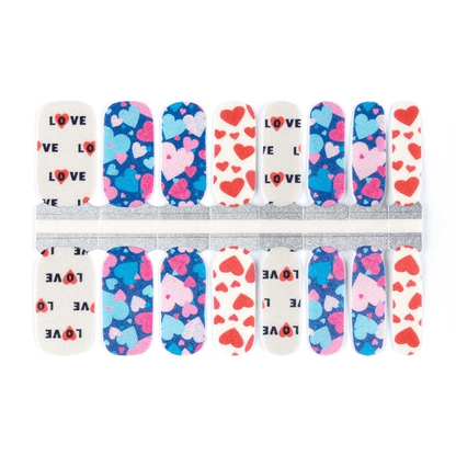 Complete nail wrap sheet featuring blue hearts and love typography patterns for DIY manicure