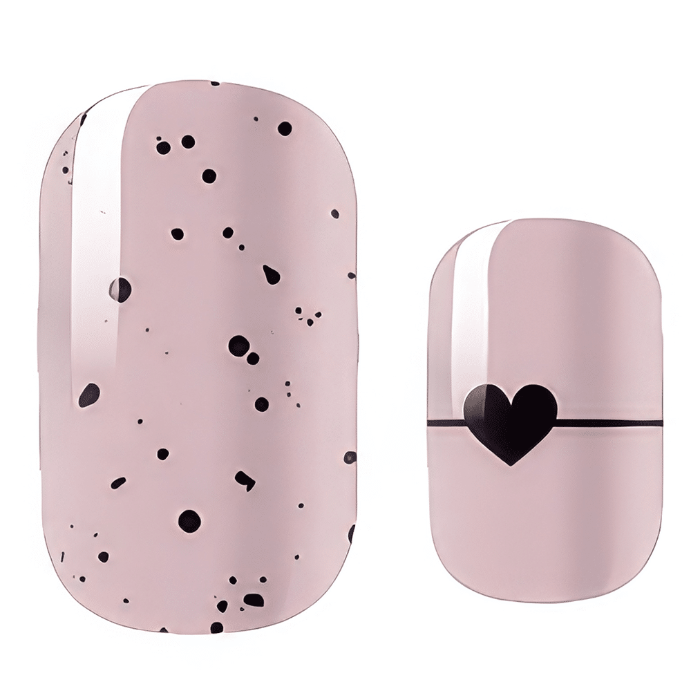 Pink glossy nail wraps with black speckled print and black heart stripe accent
