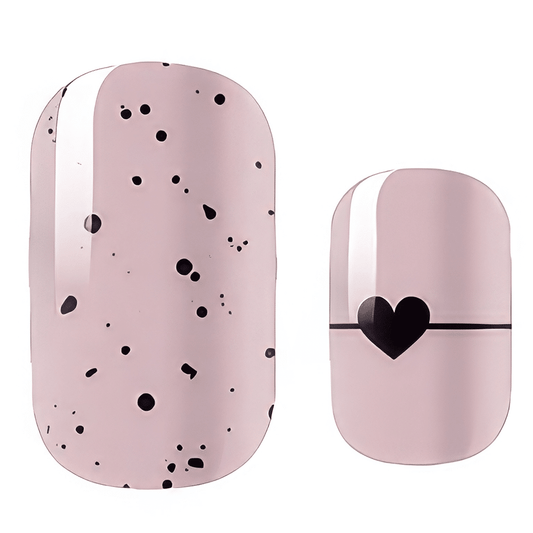 Pink glossy nail wraps with black speckled print and black heart stripe accent