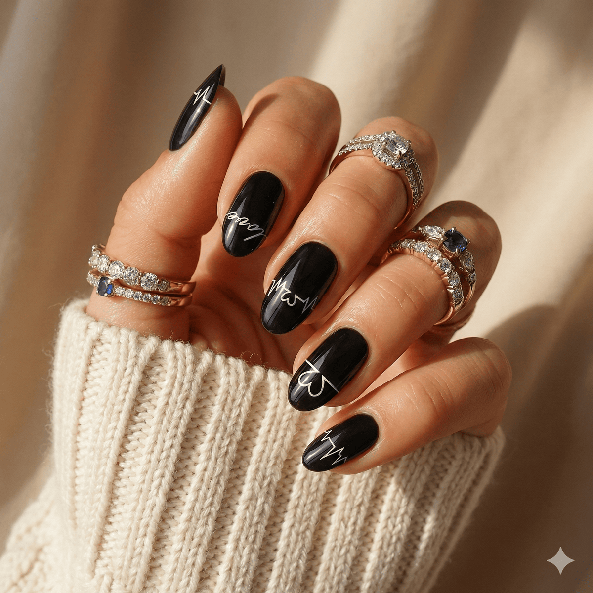 Gothic black nail wraps with white heart patterns on hand with silver rings