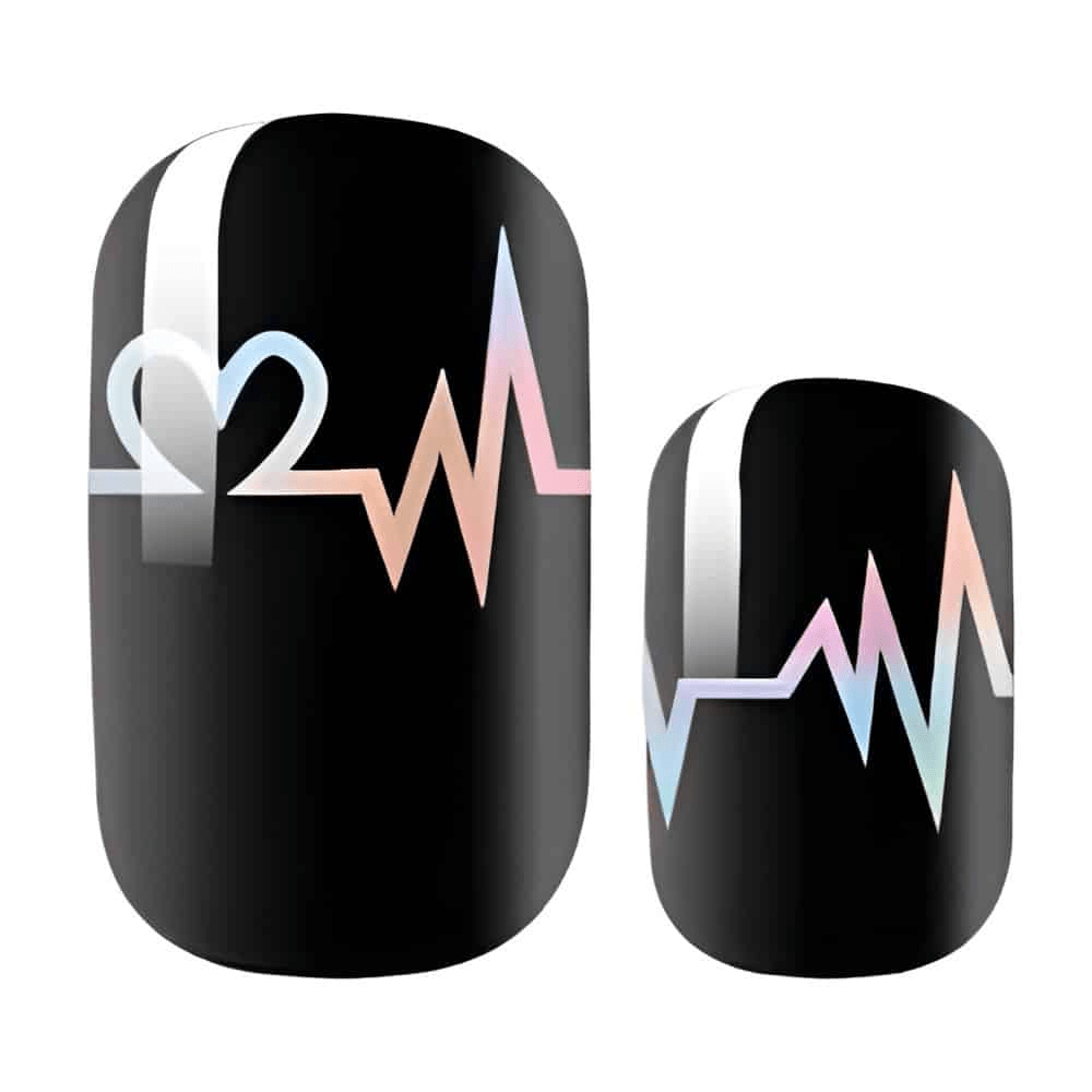 Black nail wraps with iridescent heartbeat EKG design holographic gothic nail art
