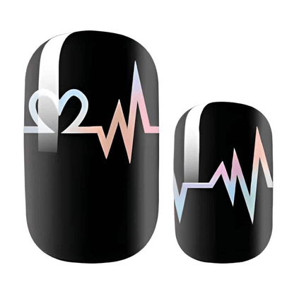 Black nail wraps with iridescent heartbeat EKG design holographic gothic nail art