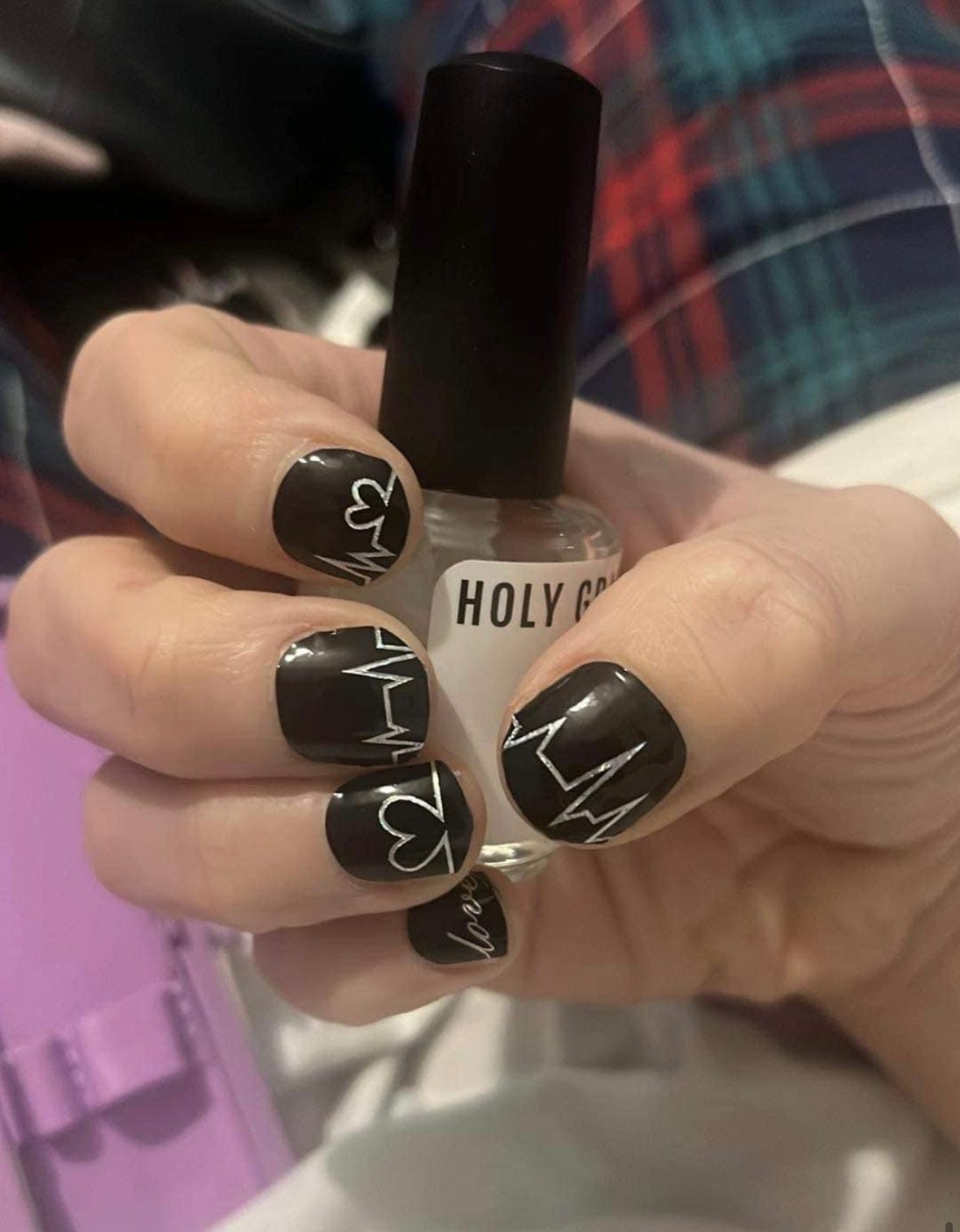 Black non-UV nail wraps with white heart text pattern gothic nail art