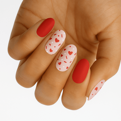 Red and pink heart pattern nail wraps on hand showing Valentine's Day manicure design
