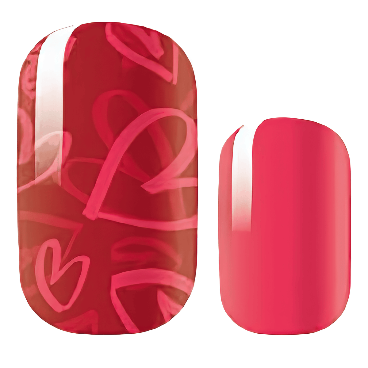Red gradient nail wraps with heart script pattern for romantic manicure design