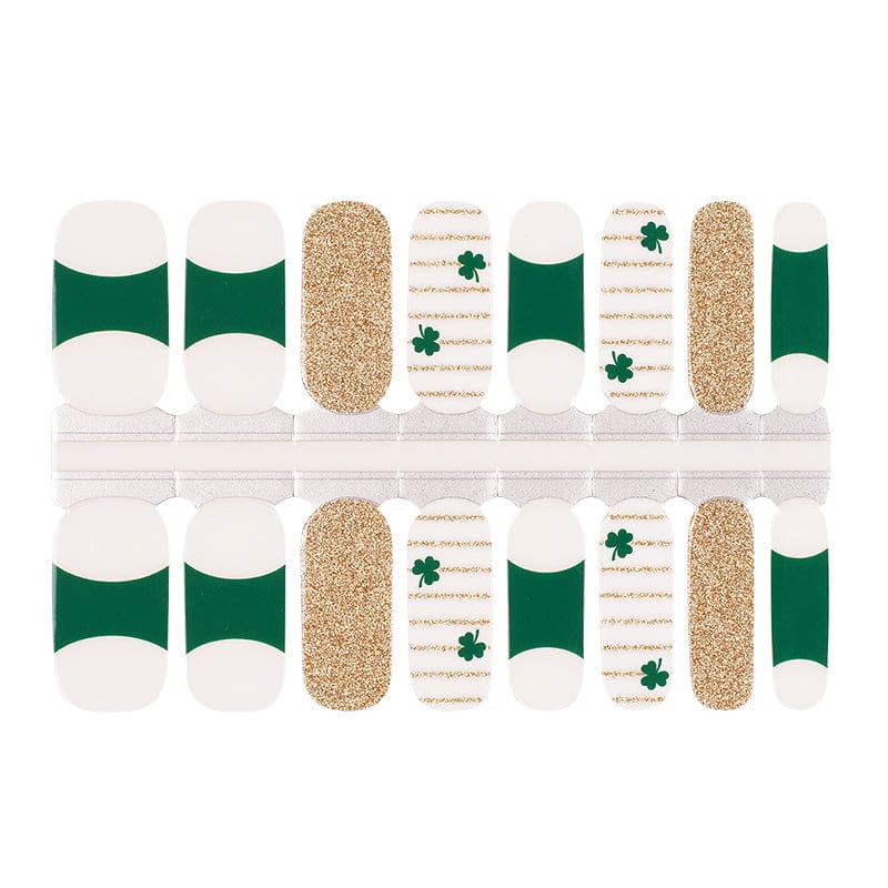 Holy Classics nail wraps in green and white with gold glitter and shamrock accents