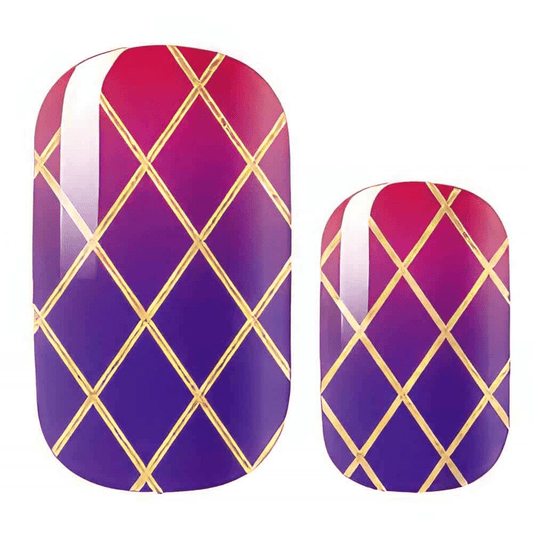 Purple pink gradient nail wraps with gold lattice diamond pattern design