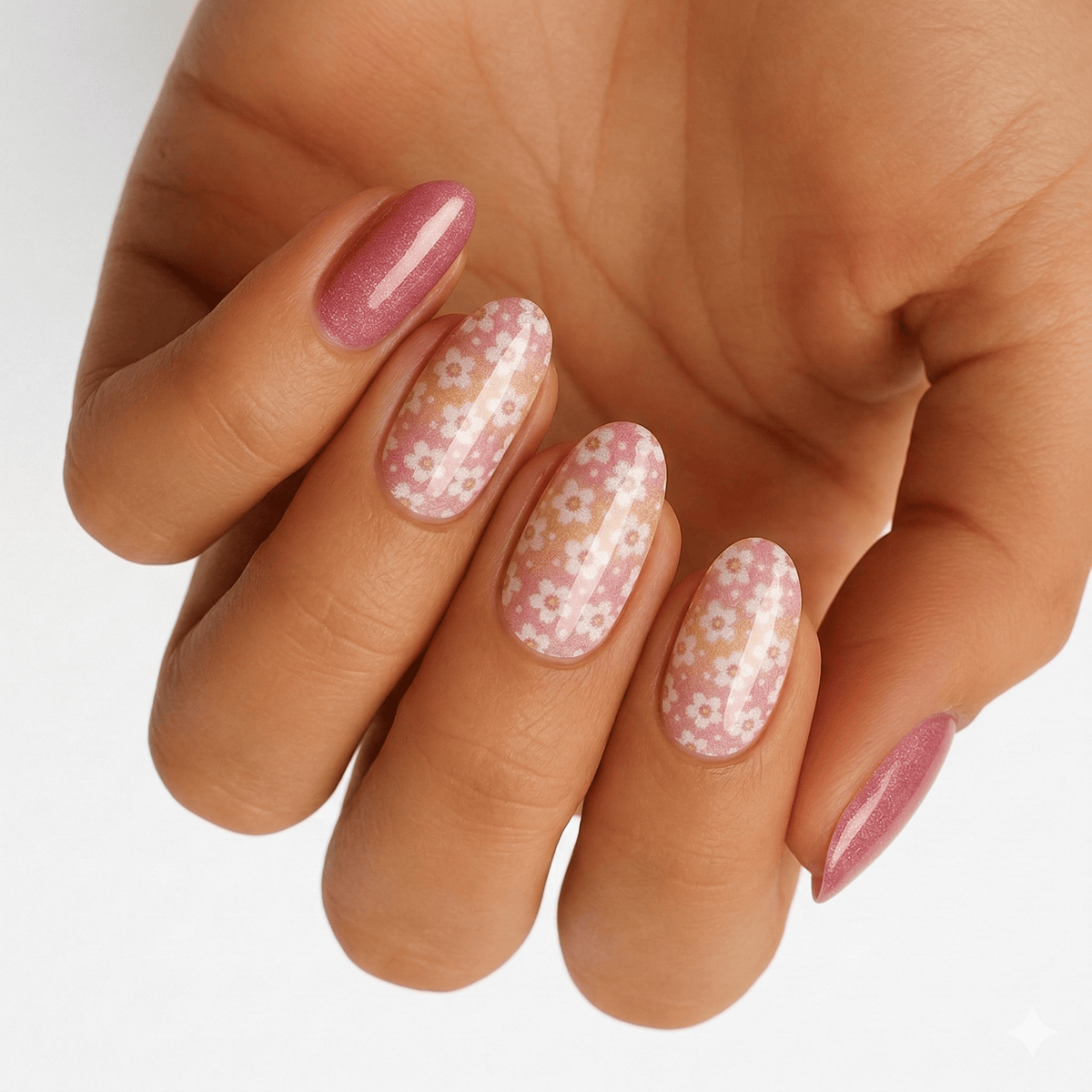 Pink floral nail wraps with white flowers on hand showing romantic spring nail art design
