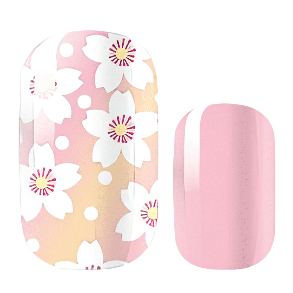 Pink floral non-UV nail wraps with white daisy pattern and solid pink design close-up