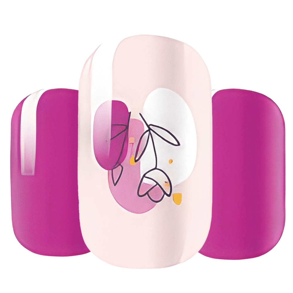 Magenta and pink nail wraps with minimalist line art floral design for elegant manicure