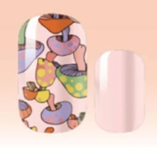 Illustrated mushroom nail wrap design with whimsical toadstool art in autumn colours