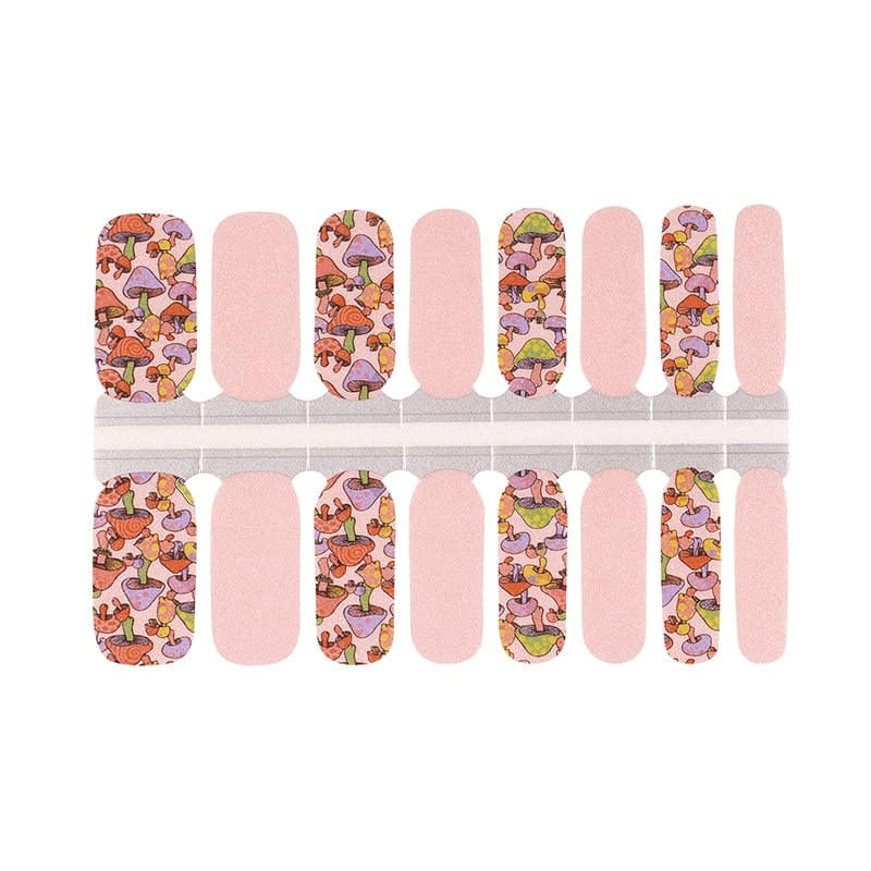Non-UV nail wraps sheet with fairytale mushroom pattern and soft pink accent strips