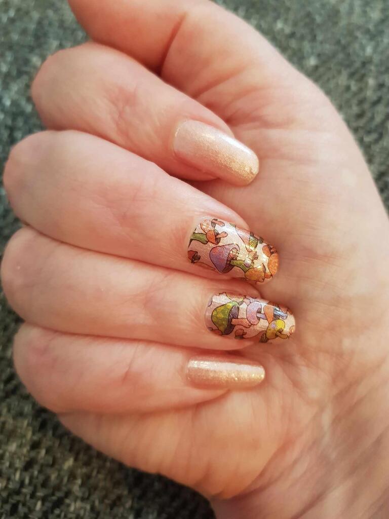Botanical nail art wraps featuring colourful mushroom illustrations on natural nails